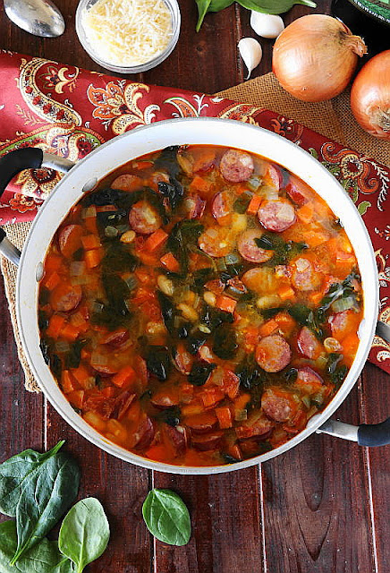 Pot of White Bean & Kielbasa Soup with Spinach Image