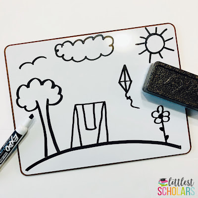 Rhyme Away is a great activity when you only have a few extra minutes! Draw simple pictures on a whiteboard and invite children to erase a word that rhymes with a word or phrase you say. For example, "I have a ring so please erase the ______." A student will come up and erase the swing. 