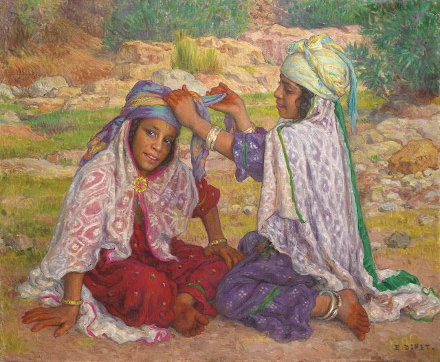 Jeune fille nouant le turban de son amie - Tableau en peinture à l'huile sur toile d'Étienne Dinet