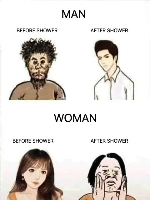 Vergleichsbild Styling lustig. Mann und Frau nach dem Duschen