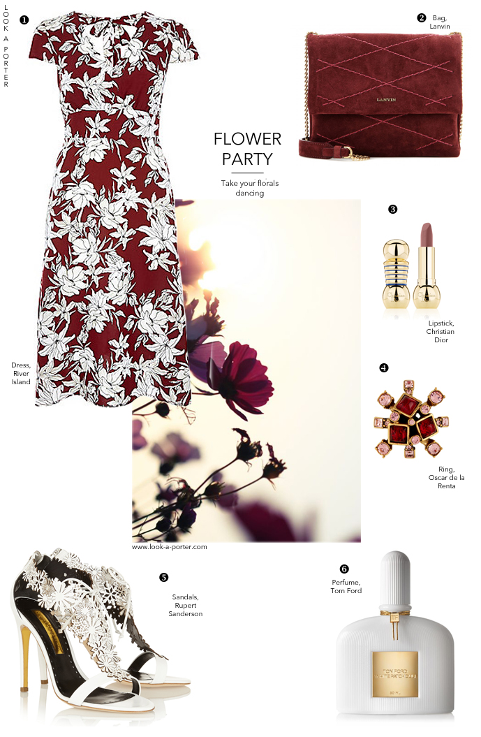 how to style florals / how to wear floral dresses / outfit inspiration and ideas / mixing high street and high end clothes / river island, lanvin, rupert sanderson, tom ford, christian dior, oscar de la renta via look-a-porter.com