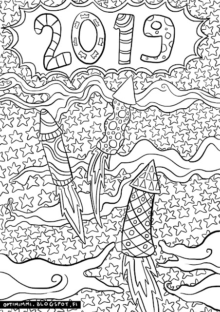 A coloring page for New Year 2019 / Värityskuva uudestavuodesta 2019