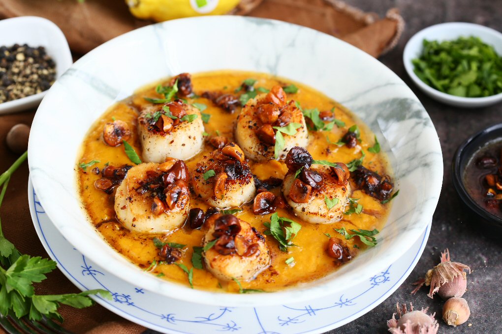Pan Seared Scallops with Butternut Squash and Brown Butter Hazelnuts