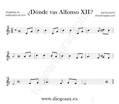 Dónde vas Alfonso XII partitura para flauta, violín, saxofón alto, trompeta, clarinete, soprano sax, tenor, oboe, corno inglés, trompa, fliscorno... en clave de Sol