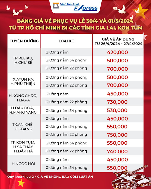 Bảng giá vé xe Việt Tân Phát tham khảo ngày lễ trong năm về Gia Lai Kon Tum