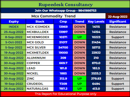 Mcx Commodity Intraday Trend Rupeedesk Reports - 22.08.2022