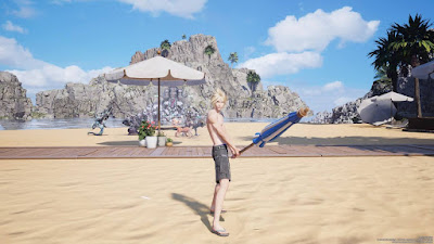 Cloud en la playa con bañador y sujetando una sombrilla de playa como si fuera su espada.
