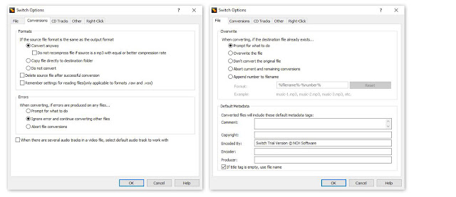 A screenshot of the options menu in Switch Audio File Conversion Software