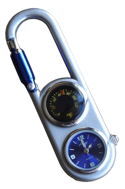 A carabiner-style clip on watch with small face and handy thermometer.