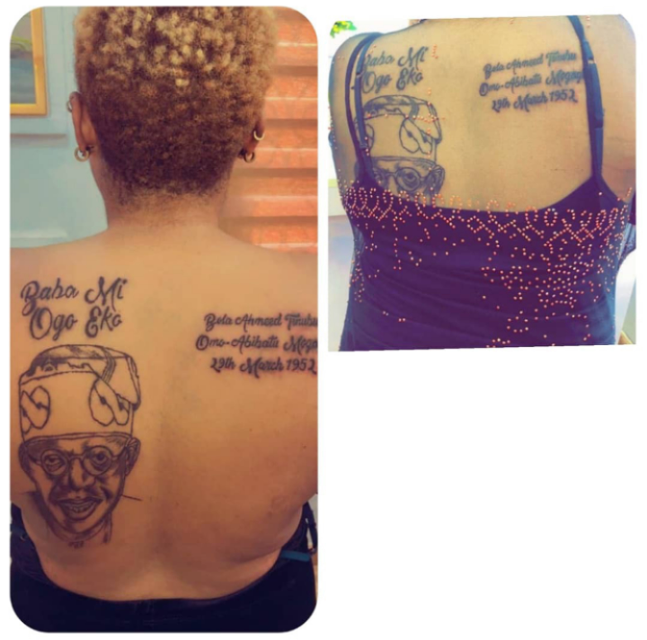 Lady tattoos Bola Tinubu's face, name and date of birth on her back
