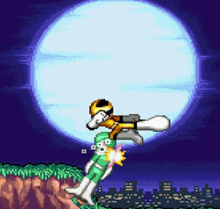 Shows Yellow power Ranger doing jump kick on green bad guy wearing like suit and shows white moon with black sky. Shows city at bottom of the screen. Left bottom shows grass with mountain area.png