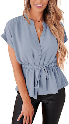 Short Sleeve Blue Peplum Blouses