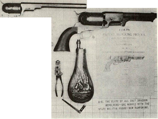 Somewhat superior condition Dragoon, but same Second Model, is this specimen marked on left of barrel flat NEW HAMPSHIRE. Arrayed with piece is special Dragoon powder flask, usual cone wrench and a late iron Colt bullet mould. Instruction sheet is of the period. Grip is marked WAT for inspector Thornton. Wade Hampton is said to have suggested way to reduce weight of big pistol.