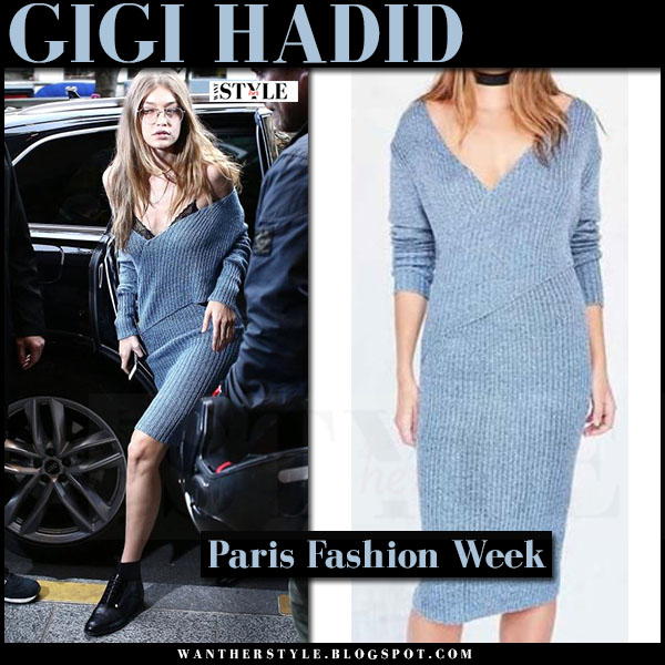 Gigi Hadid in blue ribbed knit dress in Paris on October 2 ~ I want her  style - What celebrities wore and where to buy it. Celebrity Style
