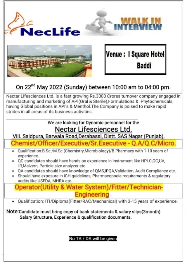 Nectar Lifesciences Ltd | Walk-In Interview at Baddi for QC/QA/Engg on 22nd May 2022