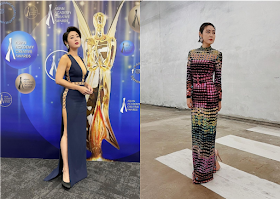 Cynthia Koh (许美珍 Xǔ měi zhēn) covered it up at Star Awards 2022 (right) after donning a revealing outfit (left) at the Asian Academy Creative Awards in December 2021.
Instagram/Cynthia Koh