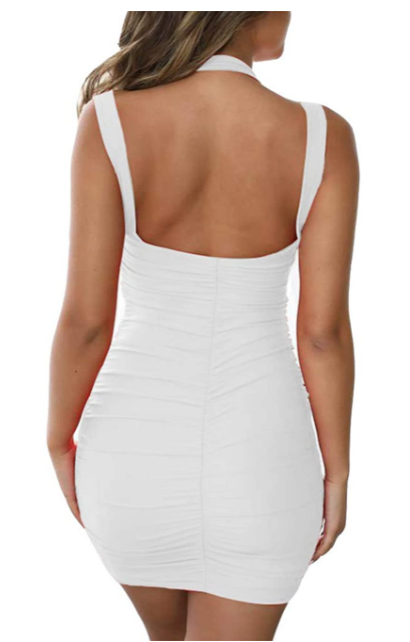 Women Summer Scoop Neck Spaghetti Strap Cold Shoulder Sleeveless Cutout Ruched Bodycon Mini Club Dress