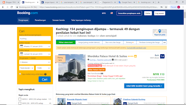 Cara tempah bilik Hotel di web booking.com