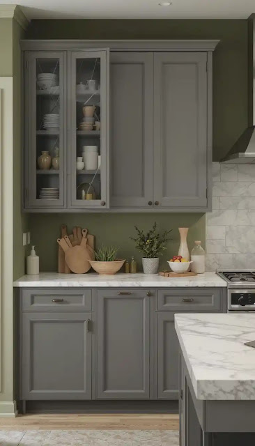 Olive Green Kitchen Walls with Grey Cabinets