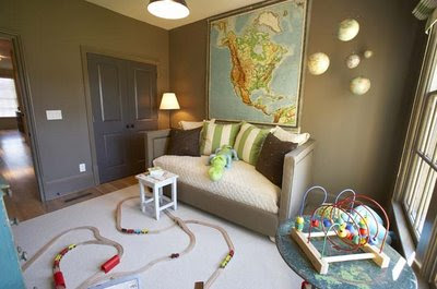 This young boys room is so cute! I love the map theme and the daybed that