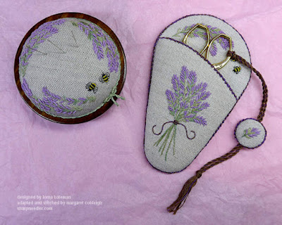 Completed Lavender and Bees Scissors Keeper with matching pincushion (original designs by Lorna Bateman)