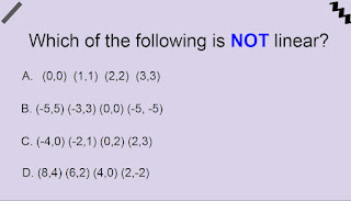 Which is not linear: a - (0,0) (1,1) (2,2) (3,3)  b - (-5,5) (-3,3) (0,0) (-5,-5)  c - (-4,0) (-2,1) (0,2) (2,3)  d - (8,4) (6,2) (4,0) (2,-2)