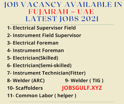 JOB VACANCY AVAILABLE IN FUJAIRAH – UAE  LATEST JOBS 2021