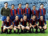 F. C. BARCELONA. Temporada 1952-53. Ramallets, Seguer, Biosca, Segarra, Flotats y Bosch; Basora, César, Kubala, Moreno y Manchón. C. F. BARCELONA 8 CLUB ATLÉTICO DE MADRID 1 Resultado eliminatoria: CF BARCELONA 9 CLUB ATLÉTICO DE MADRID 3 Domingo 07/06/1953. Copa del Generalísimo, semifinal, partido de ida. Barcelona, Campo de Las Corts. GOLES: ⚽1-0: 5’, César. ⚽2-0: 18’, Moreno. ⚽2-1: 21’, Miguel. ⚽3-1: 25’, Moreno. ⚽4-1: 35’, Kubala, de penalti. ⚽5-1: 60’, Basora. ⚽6-1: 61’, Basora. ⚽7-1: 74’, Kubala. ⚽8-1: 88’, Basora.