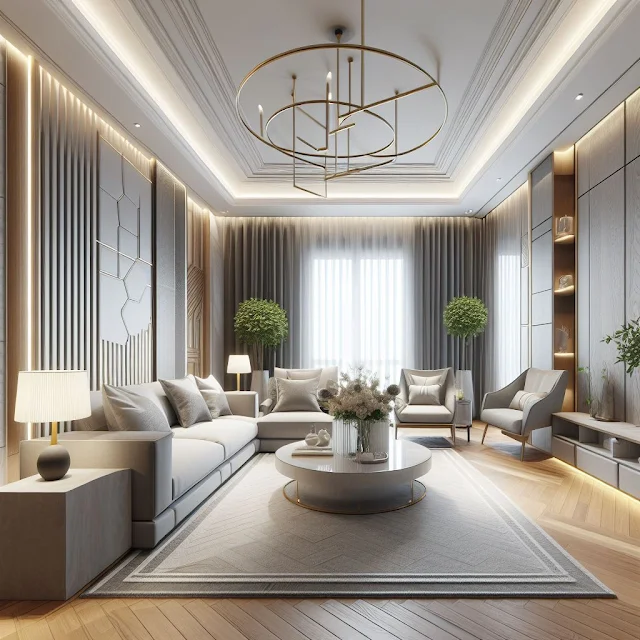 living room with a simple modern ceiling style, highly detailed, photorealistic