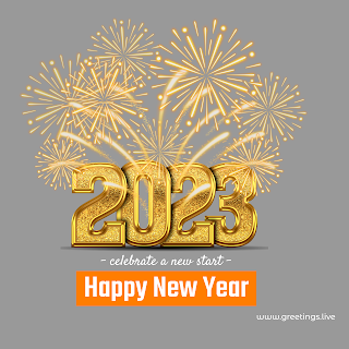 2023 New Year wishes image with 3D golden text and fire works grey background colour