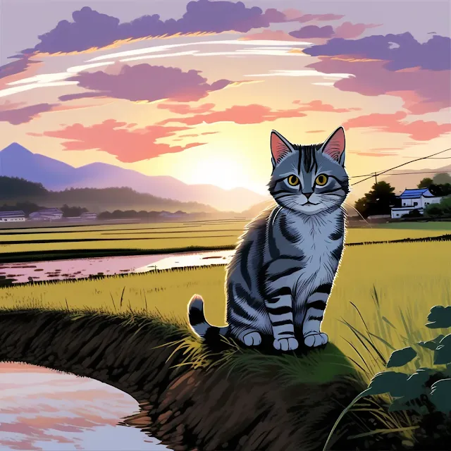 Gato al amanecer en campo rural, tobby cat