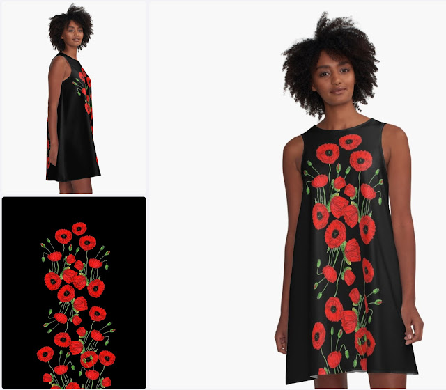 Watercolor Botanical Red Poppies on Black Dress design Artist Irina Sztukowski