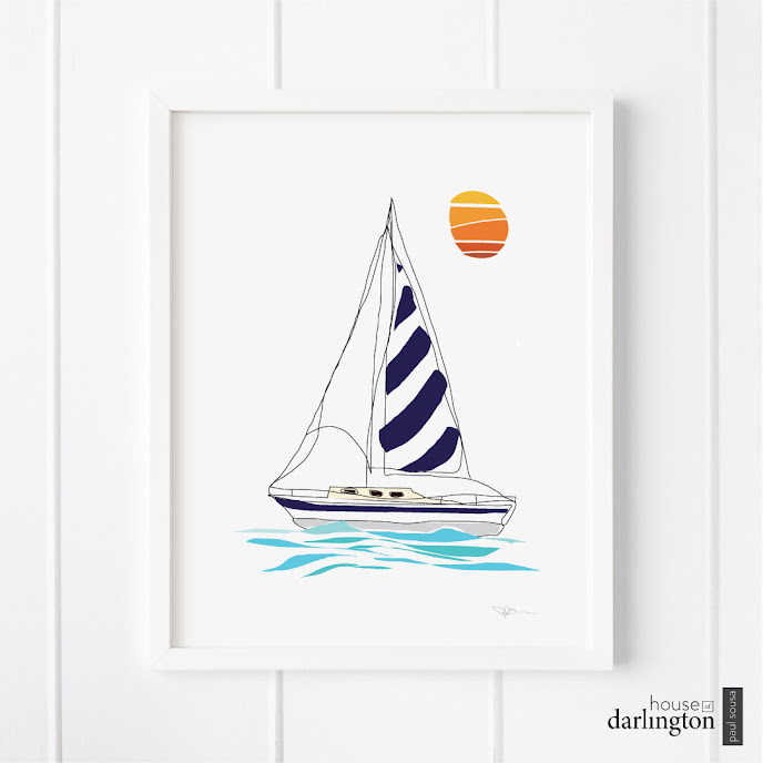 House of Darlington, Striped Sailboat Art Print, Nautical Art, Sailing, Abstract Art