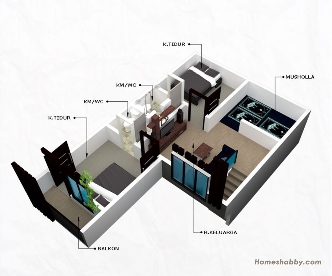 Desain dan Denah Rumah Minimalis  2  Lantai  Bentuk Leter L Lengkap dengan Mushola  Minimalis  