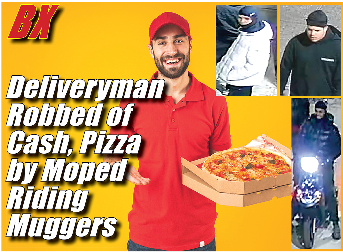 The NYPD is searching for three men on mopeds who robbed a deliveryman of a pizza at knifepoint. -Composite photos from NYPD and File Photo