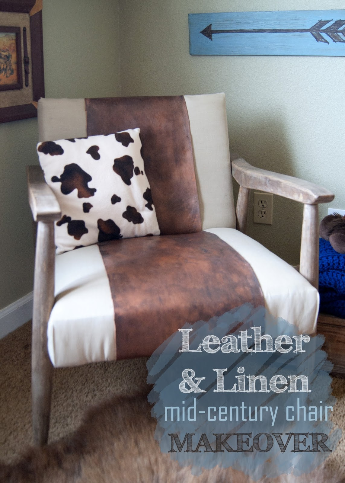 Mid century chair - leather, linen and cow print pillow