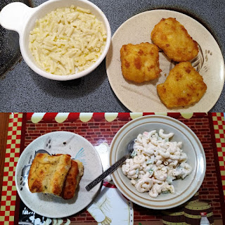 Serving dishes shown with a plate of cod filets
