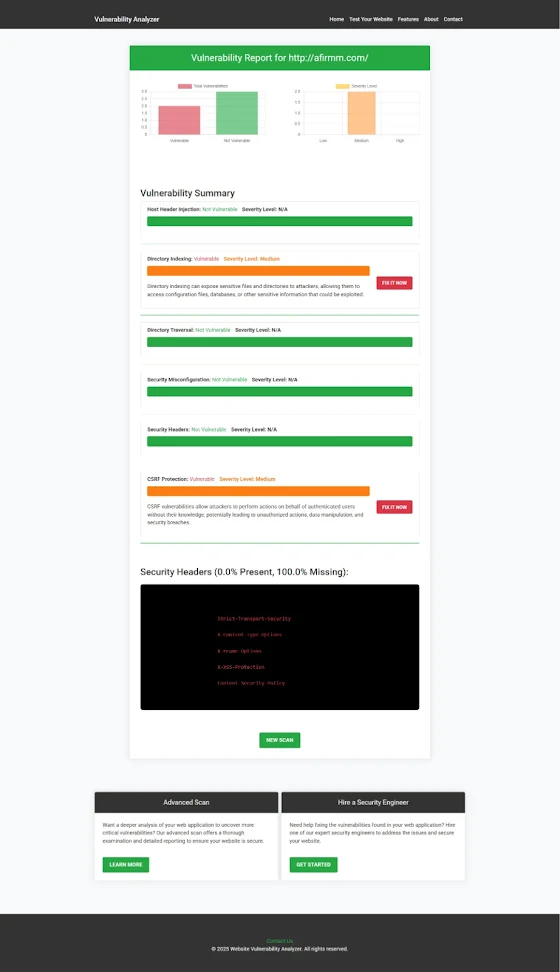 An Example of a vulnerability assessment report generated with our free tool, providing insights into possible vulnerabilities.