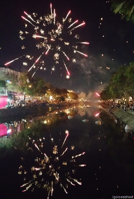 Fireworks over the moat at Chiang Mai