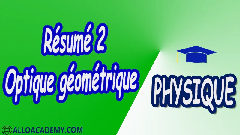 Résumé 2 Optique géométrique pdf Physique Optique géométrique postulats indice d’un milieu rayon lumineux espace objet espace image principe de Fermat lois de Snell-Descartes stigmatisme approximation de Gauss Miroirs et Dioptres plans et sphériques prisme Fibres optiques Systèmes centrés éléments cardinaux lentilles Instruments d'optique lunette astronomique télescope loupe microscope