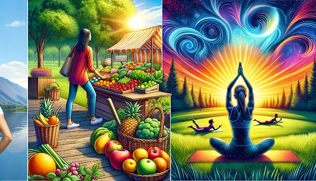 Peaceful outdoor setting with an individual selecting fruits and vegetables at a farmer's market and another practicing yoga in the background.