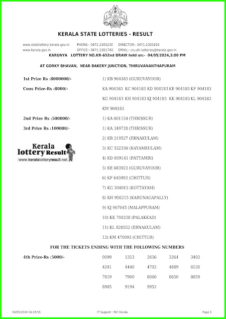 Off:> Kerala Lottery Result; 04.05.2024 Karunya Lottery Results Today "KR-652"