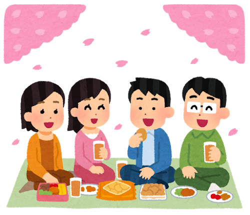 お花見をする人たちのイラスト