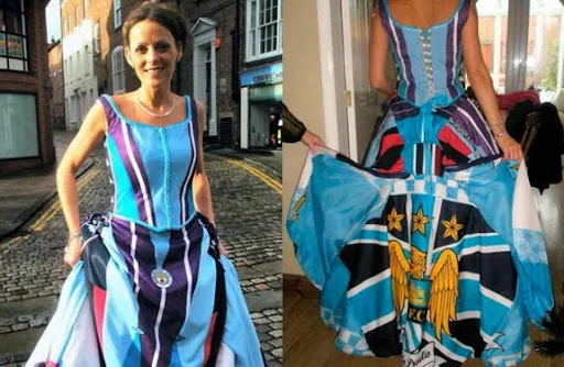 Karen Bell in her wedding dress made from replica Manchester City shirts