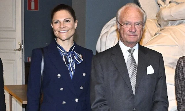 Crown Princess Victoria wore a new Miller Dickey navy blue double-breasted blazer by Veronica Beard. Gant striped blouse