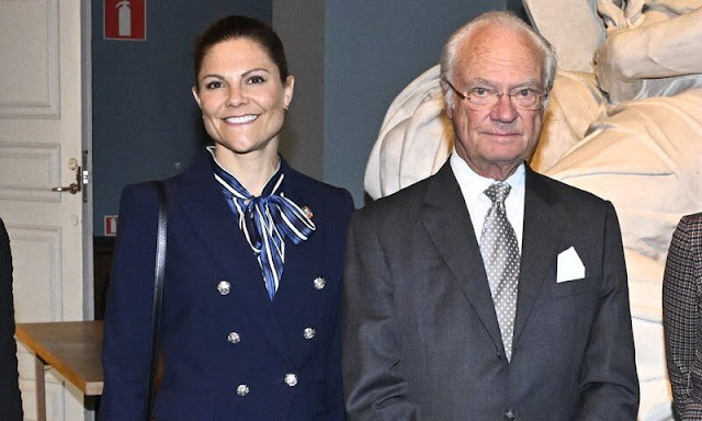 Crown Princess Victoria wore a new Miller Dickey navy blue double-breasted blazer by Veronica Beard. Gant striped blouse