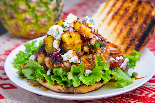 Teriyaki Shrimp Burgers with Grilled Pineapple Salsa and Bacon