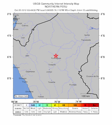 Epicentro sismo 5,5 grados, norte de Perú, 25 de Octubre 2012