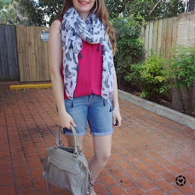 awayfromtheblue instagram | bird print scarf adding interest to pink button up tank and bermuda denim shorts outfit with rebecca minkoff mam bag