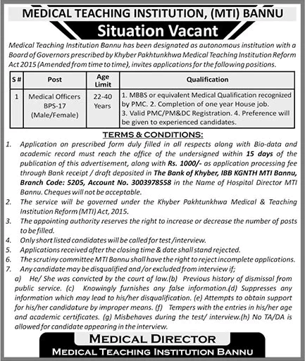 MTI Latest Medical Officer Jobs in Medical Teaching Institution Bannu July 2022 Jobs in Tecjobstrace